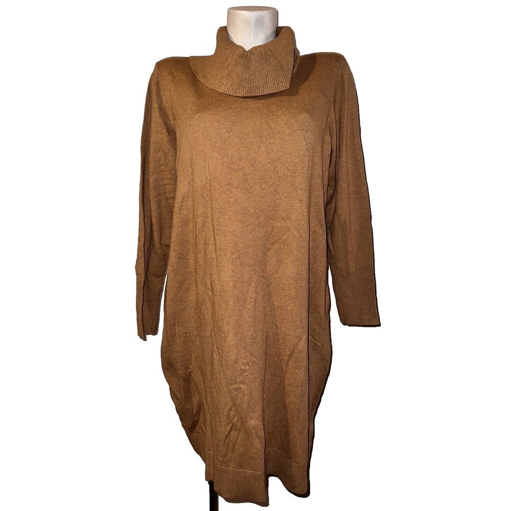 Chicos‎ Fine Gauge Cowl Sweater Dress Camel Heather Brown Knit Size 3 XL New
